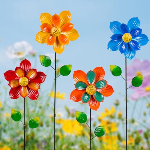 4 Pcs Wind Spinners Outdoor, Small Metal Flower Windmill - size: 4 Pack-26x6