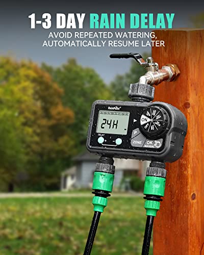 RAINPOINT Sprinkler Timer with 3 Different Programs, Hose Timer for Garden Hose with Rain Delay/Manual Watering/Automatic Irrigation System for Garden, 2 Outlet