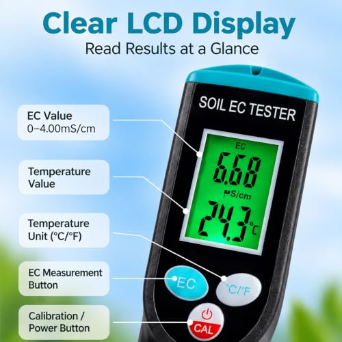 Digital Soil EC Meter 2-in-1 Porfessional Plants EC Temperature Tester Meter with Corded Sensor, Backlight LCD Display, Temperature Compensation, Easy Calibration for Soil Plants Lawn Nutrient Test