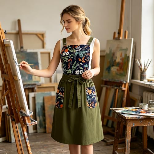 Apron for Women with Pockets Cotton Linen Metal Clip Adjust Kitchen Cooking Baking Gardening Dress Chef Apron - color: 1 Pack-green With Dark Blue Floral
