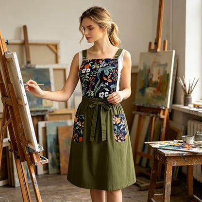 Apron for Women with Pockets Cotton Linen Metal Clip Adjust Kitchen Cooking Baking Gardening Dress Chef Apron - color: 1 Pack-green With Dark Blue Floral