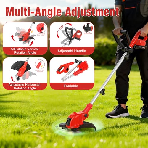 21V Electric Weed Wacker & Edger Lawn Tool Auto-Feed with 2.0Ah X 2 Battery - color: Scarlet