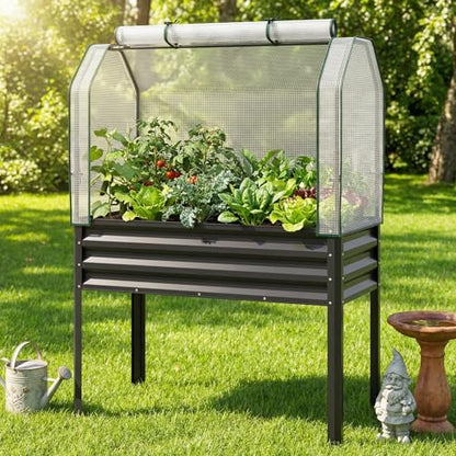 GIANTEX Raised Garden Bed with Legs & Greenhouse Cover, 44x22x60 Elevated Metal Planter Box with Roll-up Door, Outdoor Mini Greenhouse for Vegetable Flower Herb Patio Balcony (Black,1) - color: Black