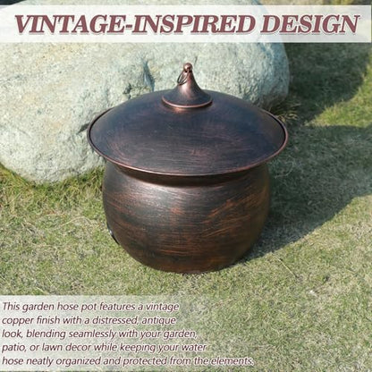 Metal Garden Hose Storage Pot,Vintage Copper Finish Hose Holder with Lid