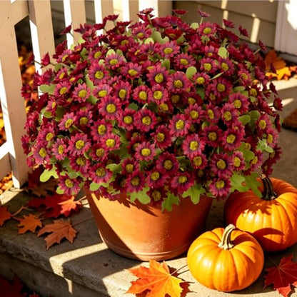 Artificial Daisy Mums for Outdoors, 12 PCS Fall Flowers, Burgundy - color: Burgundy
