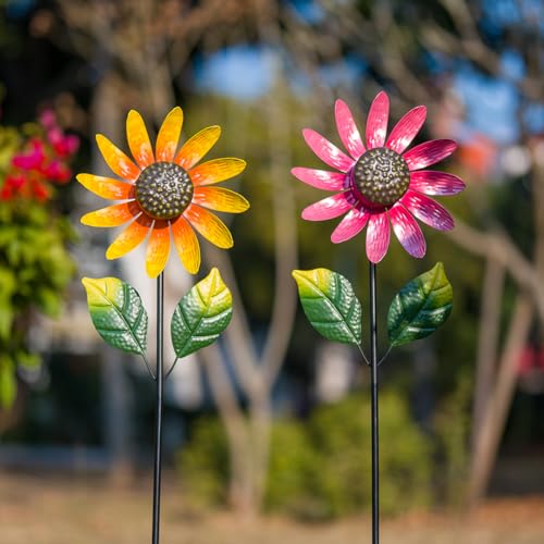 Viveta 2 Pack Sunflower Wind Spinners, Metal Wind Sculptures - color: Pink and Yellow