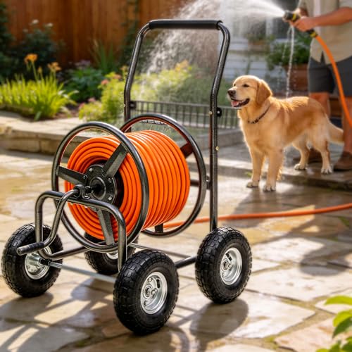 250ft Heavy Duty Hose Reel Cart with 4 Wheels, 5/8" Hose Capacity - color: Gray