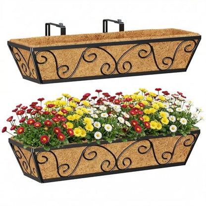 Y&M 24 Inch Window Deck with Coco Liner, Fence Metal Hanging Flower Planter Window Basket Deck Railing Planter Boxes for Outdoor Garden Lawn-Butterfly, 2pcs - size: Butterfly 24in 2p