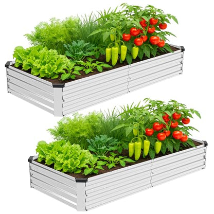 2 Pack 8x4x1FT Galvanized Metal Raised Garden Bed Kit for Vegetables, Herbs, Open-Bottom Large Capacity Outdoor Planter Box Gardening Stakes, Silver - size: 8x4x1FT(2PCS)