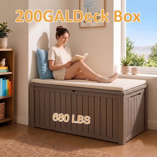 200Gal Lockable Waterproof Deck Box, Sturdy Bench for Patio & Garden Grey - color: Grey, size: 200 Gallon