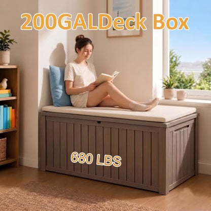 200Gal Lockable Waterproof Deck Box, Sturdy Bench for Patio & Garden Grey - color: Grey, size: 200 Gallon