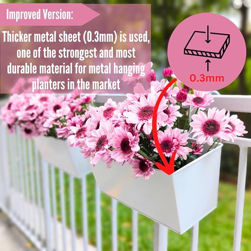 LaLaGreen Hanging Planter Box (14 in, 6 Pack) White Metal Deck Rail Pots - size: 14"(36cm) x 6 pack