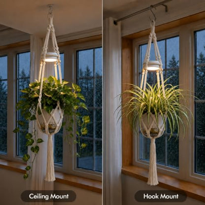Rechargeable Hanging Plant Grow Lights for Indoor with Timer, Wireless Battery Powered Full Spectrum Growing Light with Macrame Plant Hanger, Wall/Ceiling Mounted Planta Luz for Home Decor（2 Pack）