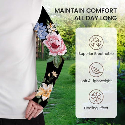 YPHCDO Gardening Sleeves for Women Sun Protection Cooling Arm Sleeves - color: Black Flower