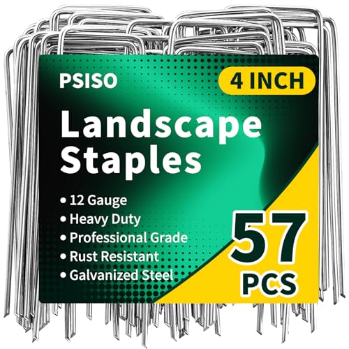 PSISO 57 Pack 4 Inch Galvanized U-Shaped Garden Stakes Landscape Staples, 12 Gauge Heavy Duty Tent Stakes Ground Yard Lawn Pins for Landscaping, Weed Barrier Fabric, Fencing, Outdoor Decor - size: 4 Inch
