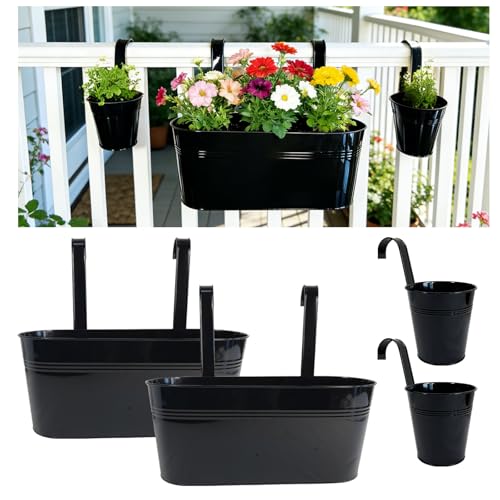 4 Pack Mixed Size Metal Fence Planters Set with Detachable Hooks, Black - color: Black, size: Oval*2 + Round*2