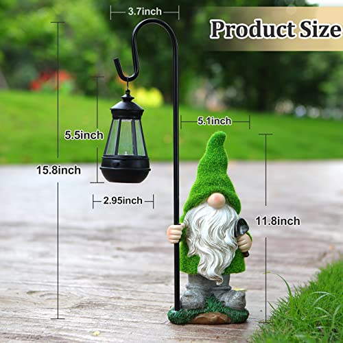 Flocked Garden Gnome Statue with Solar LED Light, Large Funny Fairy Gnomes Figurines with Solar Lantern, Outdoor Fall Decorations for Yard Lawn, Tall 15.8 Inch