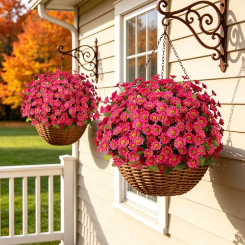 Artificial Daisy Mums for Outdoors, 12 PCS Fall Flowers, Fuchsia - color: Fuchsia