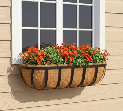 Y&M 2pcs 24 Inch Window Deck with Coco Liner, 24" Window Boxes Horse Trough with Coconut Coir Liner, Black Metal Hanging Flower Planter Window Basket Deck Railing Planter Boxes for Outdoor Indoor - size: 2p 24in