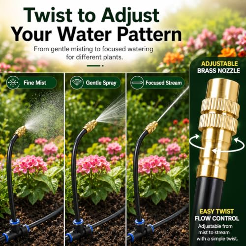 5/16" Drip Irrigation System 65 ft with 16-Pcs 360° Adjustable Copper Nozzles, Automatic Misting Watering System for Garden, Raised Beds, Greenhouse (65ft+16 nozzles) - size: 65ft+16 nozzles