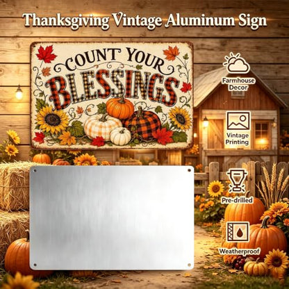 Count Your Blessings Thanksgiving Metal Sign Fall Wall Decor 8x12 Inch - color: Count Your Blessings