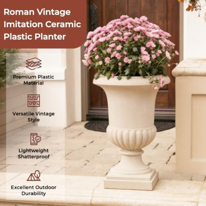 24.4" H Large Roman Urn Planter, Lightweight Plastic Flower Pot - color: Marble