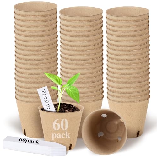 60PCS 4-Inch Biodegradable Peat Pots with Drainage Holes for Seedlings, Includes 20 Plant Labels, Perfect for Garden Germination & Nursery Use - size: 4 Inch