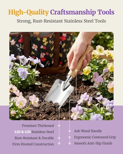 10Pcs Garden Tool Set, Rust-Proof Stainless Steel, Ash Wood Handles - color: Brown