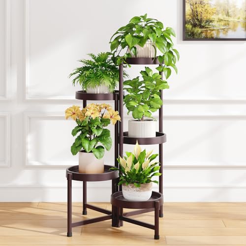 iDavosic.ly 5 Tier Folding Plant Stand Indoor Outdoor, Plastic Tray, Bronze - color: Violet Bronze, size: 5 Tiers