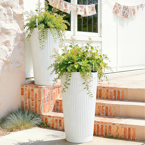 24" Self Watering Tall White Planters Outdoor Set of 2 - color: White Round
