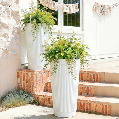 24" Self Watering Tall White Planters Outdoor Set of 2 - color: White Round