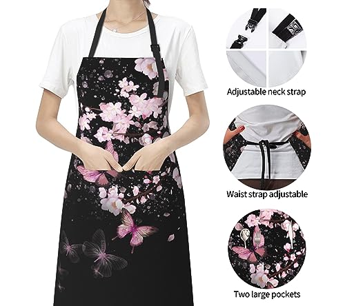 Art Apron with Pocket for Women Men - color: Cherry Blossom With Butterflies