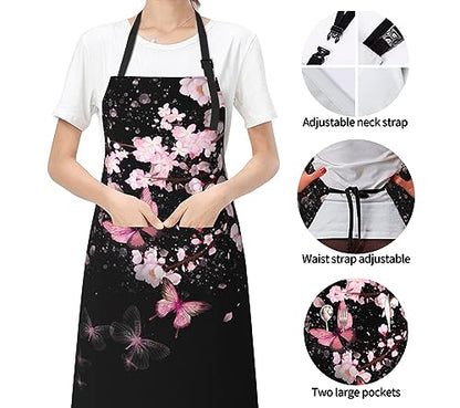Art Apron with Pocket for Women Men - color: Cherry Blossom With Butterflies