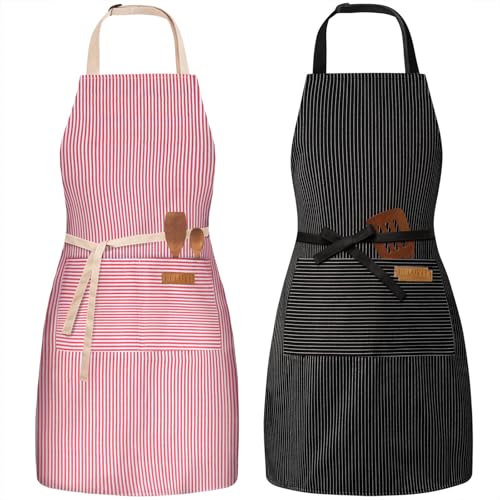 BeLuyi 2 Pack Adjustable Bib Apron with 2 Pockets Chef Cooking Kitchen Restaurant Aprons for Women Men - color: Red/Black Pinstripes
