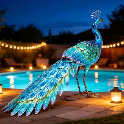 31" L Metal Peacock Garden Statue,Handcrafted Outdoor Yard Art - color: 31"l Iridescent Blue Peacock