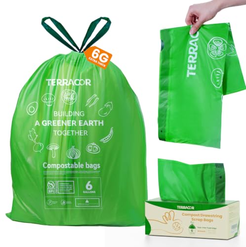 6 Gallon Compostable Trash Bags Drawstring, Heavy Duty Extra Thick 1 Mil, 35 Bags, Tall Kitchen Food Scrap Waste Bag, ASTM D6400 - color: 6 Gallon-35