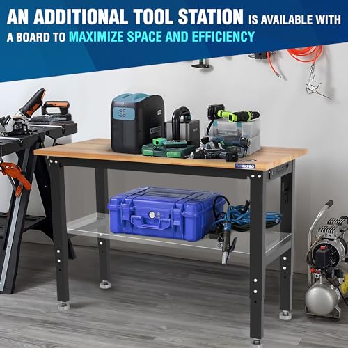WORKPRO 48" Adjustable Garage Workbench, Rubber Wood Top, 1500 LBS