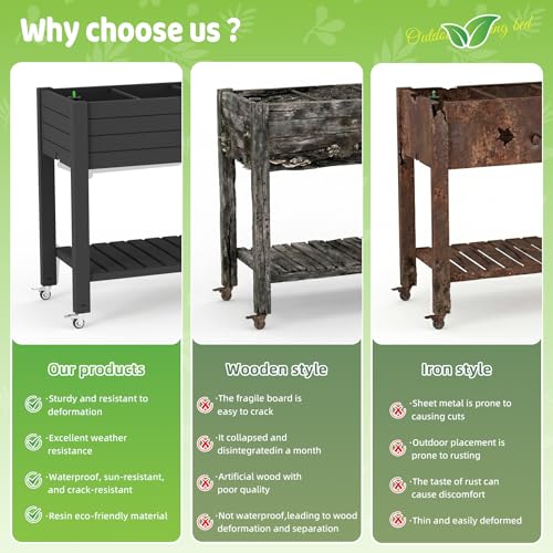 Elevated Raised Garden Bed,Outdoor Large Planter Box with Wheels & Shelf for Backyard Balcony,Dust-Proof Resin Patio Raised Bed for Herbs Flowers Vegetables(Black) - color: Black