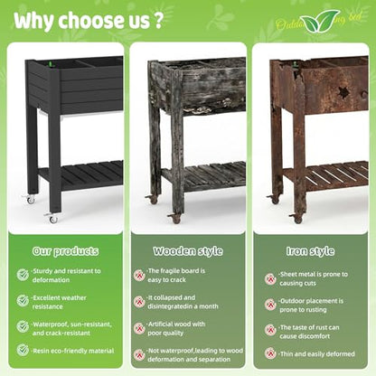 Elevated Raised Garden Bed,Outdoor Large Planter Box with Wheels & Shelf for Backyard Balcony,Dust-Proof Resin Patio Raised Bed for Herbs Flowers Vegetables(Black) - color: Black