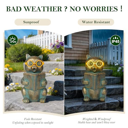 Solar Reading Cat Decor with Light-Up Glasses Patina Garden Statues - size: Cat
