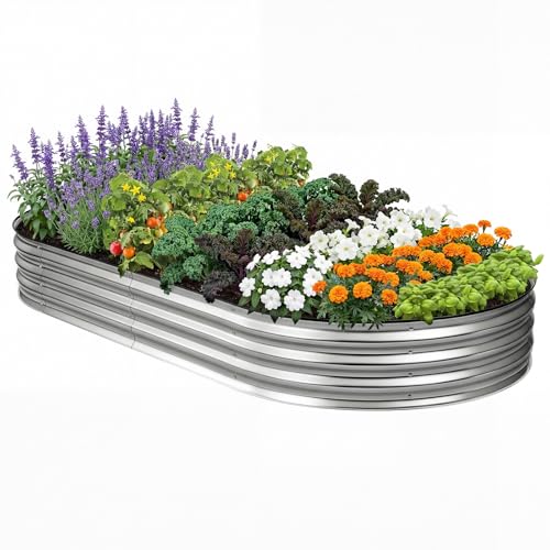 DUMOS Galvanized Raised Garden Bed, Outdoor Planter Box, 8x4x1ft - color: Silver (Oval), size: 8×4×1ft