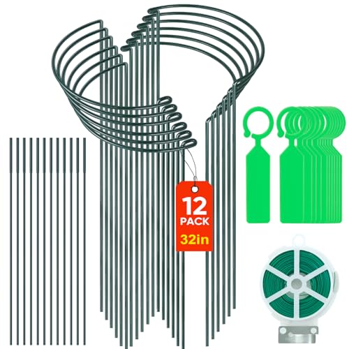 12 Pack 10" W x 32" H Plant Support Stakes, Large Peony Cages and Supports, Tall Peony Ring Supports, Garden Plant Stakes for Outdoor Plants, Rose, Tomato, Hydrangea, Flowers - size: 10" Wide x 32" High