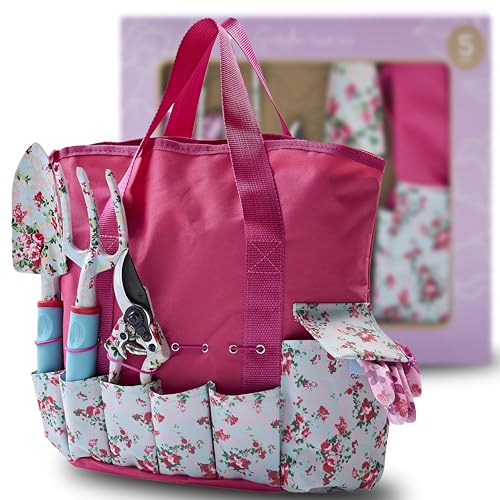 Nature Anywhere Gardening Tools for Women – Garden Tool Set, 5 Piece Gardening Kit with Garden Bag, Gloves, Shears & Trowel, Gardening Gifts for Women, Garden Tool Kit with Garden Tote Organizer