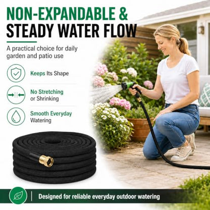 100FT Non-Expandable Flat Garden Hose with 10 Function Nozzle,No-Kink,Black - color: Black, size: 100FT