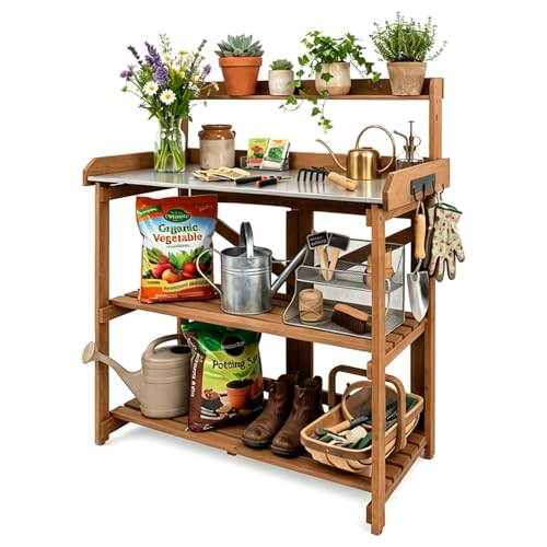 Ketive Wooden Outdoor Potting Bench with Metal Tabletop