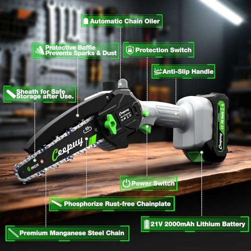 CEEPUY Mini Chainsaw Cordless,6 Inch Portable Electric Chainsaw with 2 Batterys/Automatic Oiler/Security Lock/Powered Small Handheld Saw for Trees Branches Trimming,Gifts for Father Men Dad Husband - size: Light Gray 6-inch