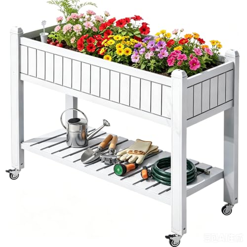 YITAHOME Raised Garden Bed 42.5x17.3x35.4 in, Outdoor Plastic Planter Box with Wheels, Legs, Drain Plug and Storage Shelf for Plants Vegetables Flowers Herbs, White - color: White, size: 43x18x35in