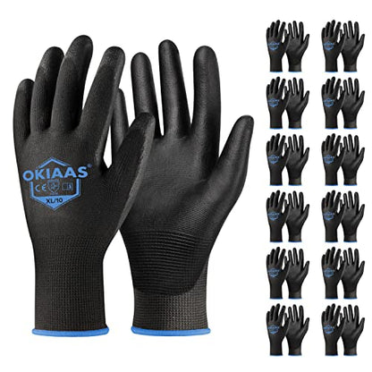 OKIAAS PU Coated Work Gloves Men, Ultra Grip & Lightweight, 12 Pairs Bulk - color: Black (12 Pairs), size: X-Large
