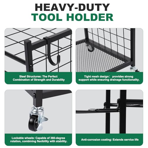 Garden Tool Organizer with Wheels for Garage Shed Yard Outdoor Storage Rack