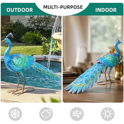 31" L Metal Peacock Garden Statue,Handcrafted Outdoor Yard Art - color: 31"l Iridescent Blue Peacock